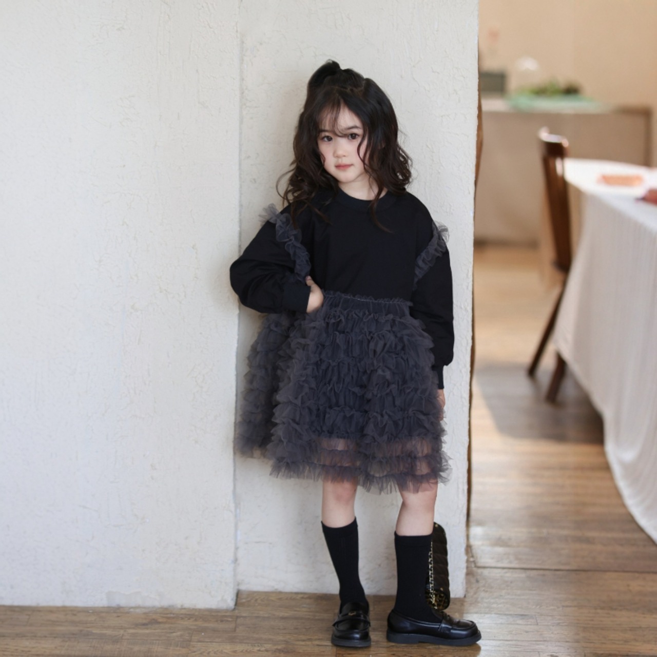 秋スウェット地チュールティアードワンピース