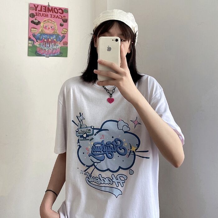 スタイルルーズサマープリントTシャツ ラウンドネックカジュアルトップス 夏物 Oネック ケッペル71696809018