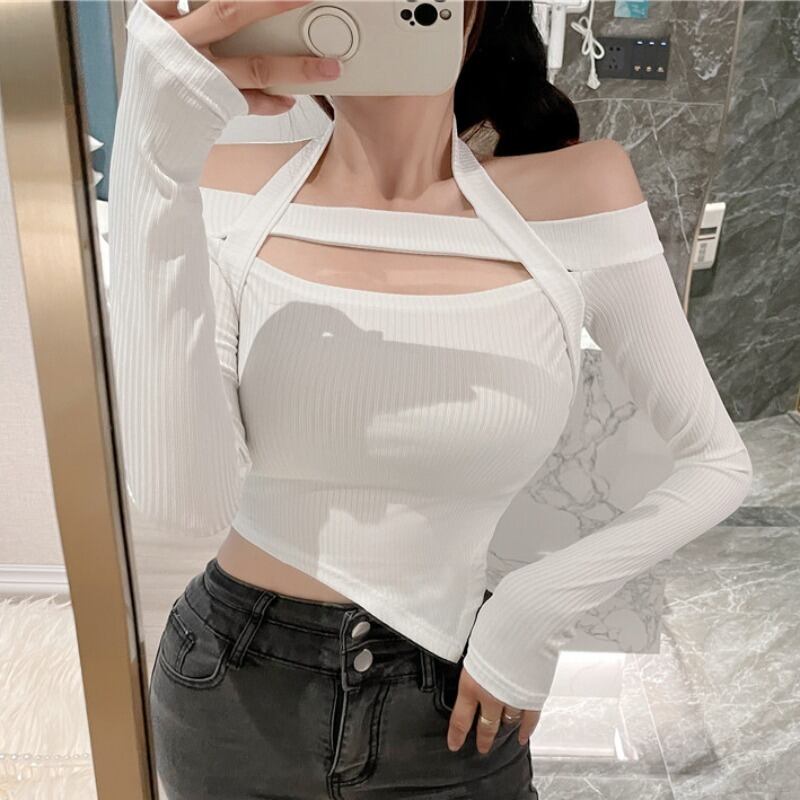 オータムストラップレスバックレススリムTシャツ トップス レディース ロング 秋物 ハンチェンe55303607384