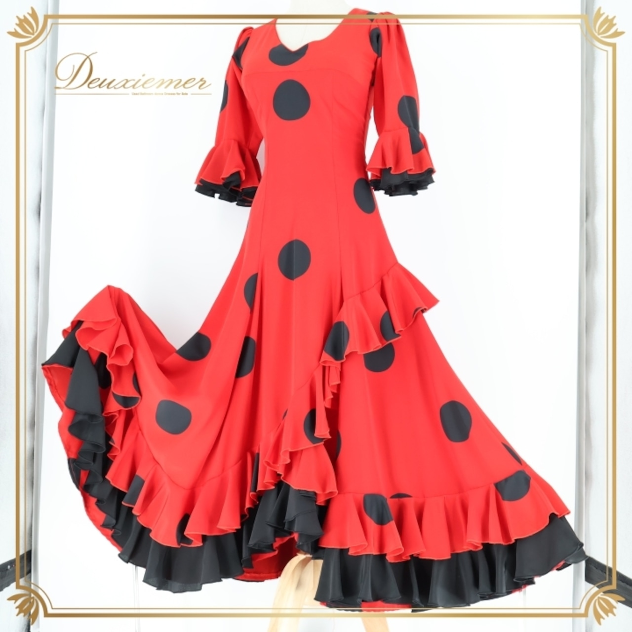 フラメンコ 衣装 ワンピース ドレス ブラック系 レッド系 黒 赤 水玉 ドット フリル ボランテ ダンス パーティ 発表会 フラメンコドレス おしゃれ ワンピースドレス フリルドレス 水玉模様 レディース衣装 コスチューム 大人用