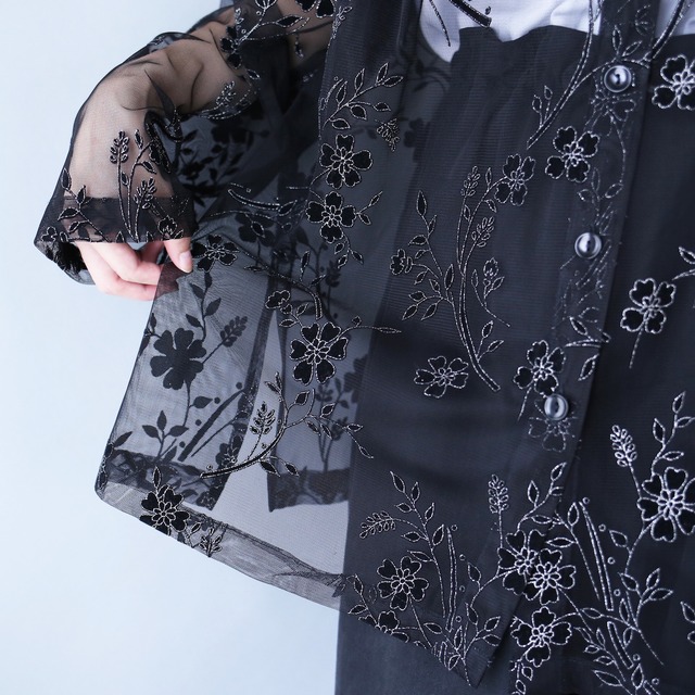 flower motif patch design black see-through shirt
