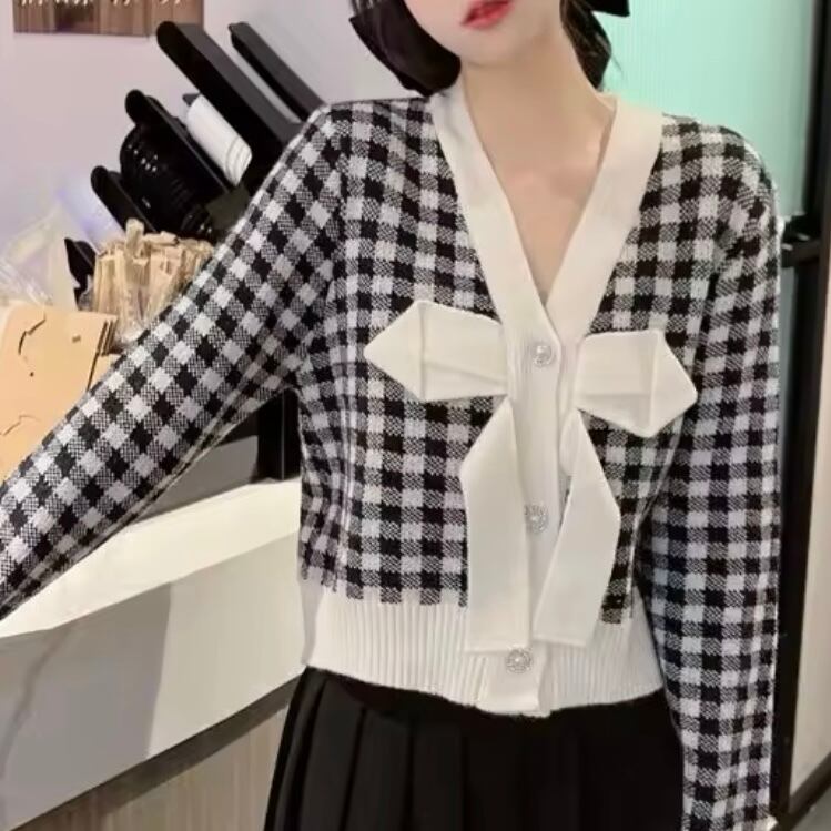 ブロックチェックリボンカーディガン