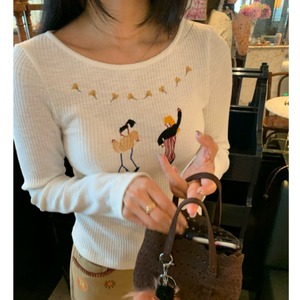 アート刺繍リブロングTシャツ　2litr06639