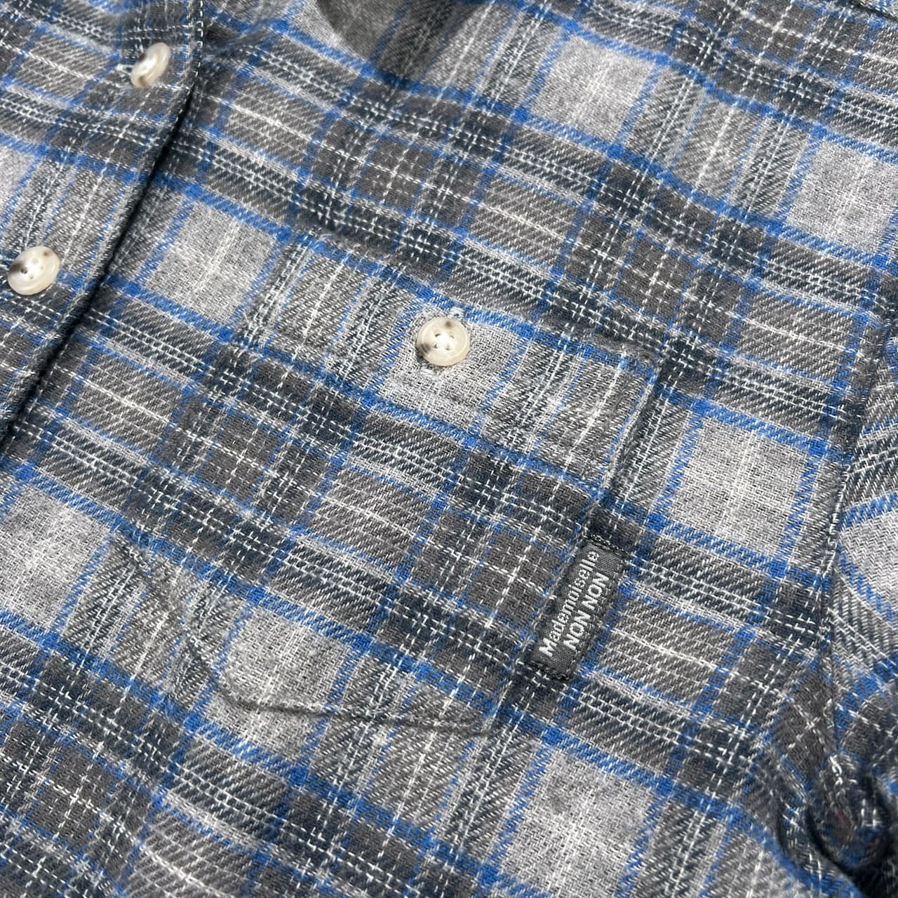美品 Mademoiselle NON NON マドモアゼルノンノン チェック柄 長袖 ロング ネルシャツ チュニック サイズ 38 M /グレー×ブルー/パパス/日本製