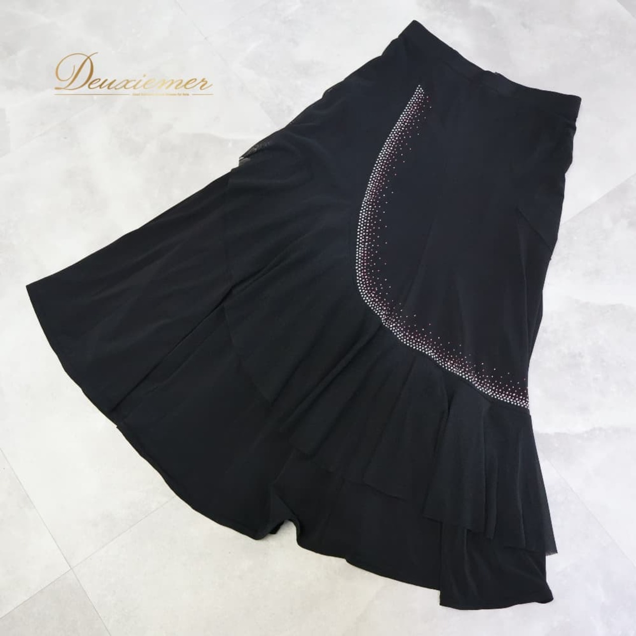 社交ダンス 衣装 prima boutique プリマブティック スカート レッスンウェア ブラック系 ラインストーン キラキラ 練習 レッスン 黒 伸縮 ストレッチ 上品 レース フリル ダンス衣装 イベント ステージ パーティー レディース