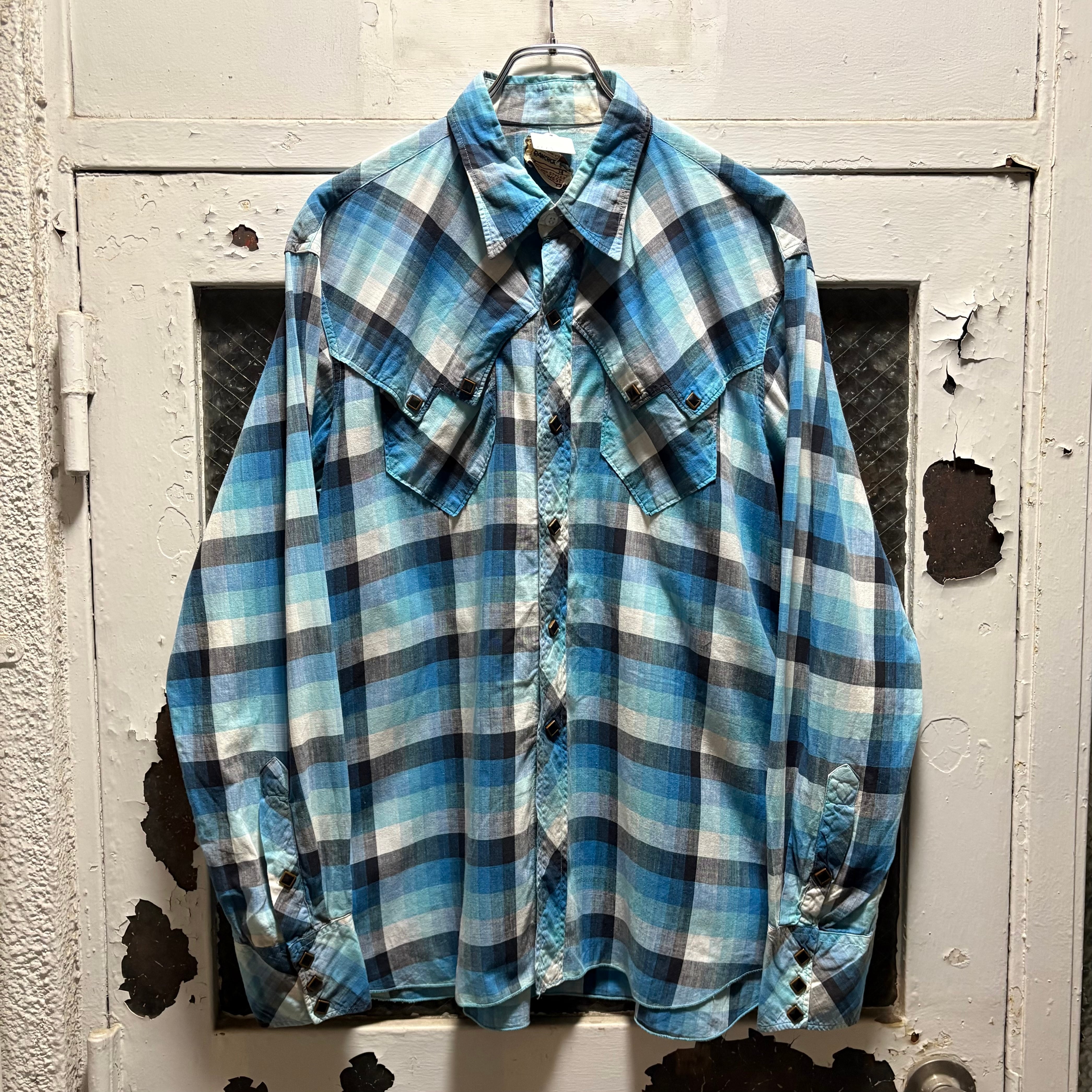 XL‼︎】70's Sears Shadow Plaid Open Collar Rayon Shirt “KINGS ROAD