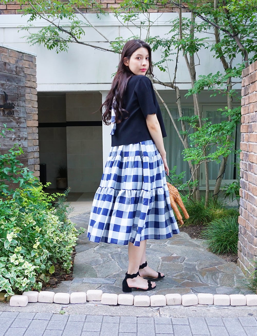 バックリボンティアードワンピース チェック navy | amin pur