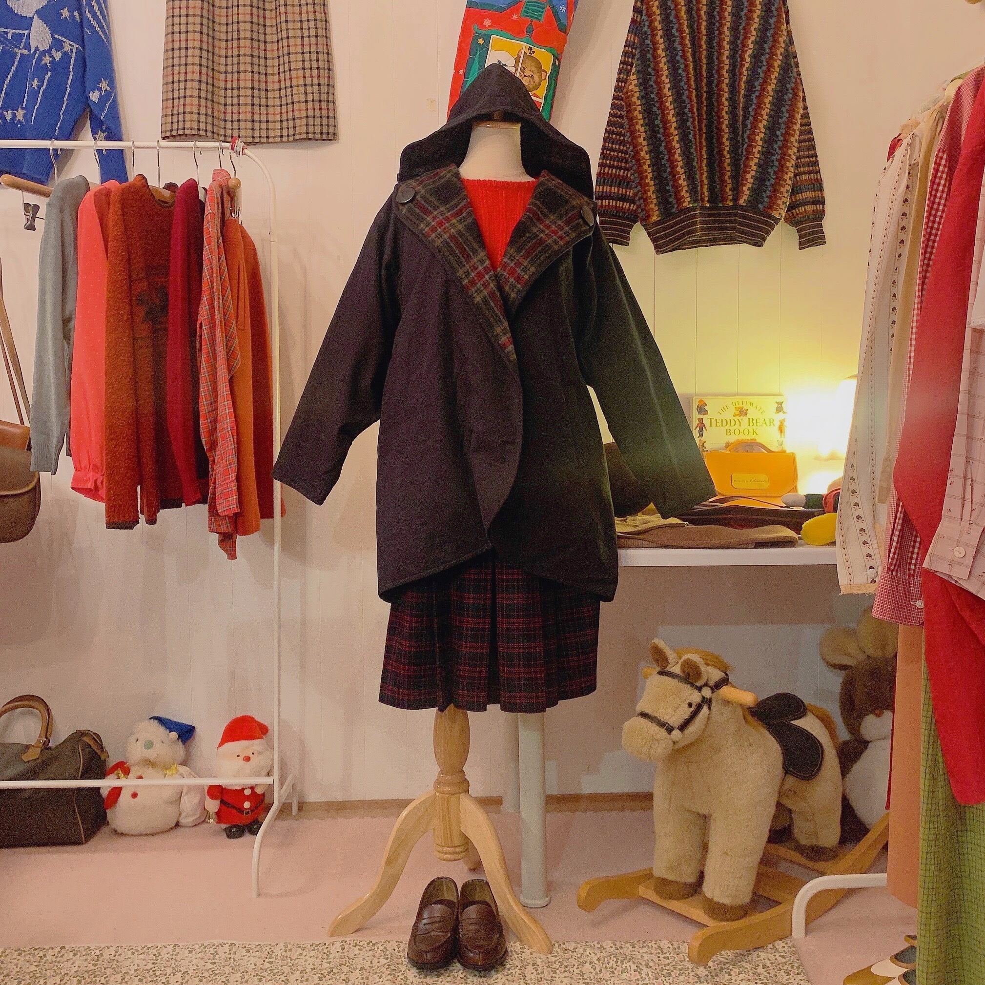 big button check hooded coat