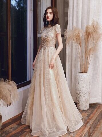 即日発送】大きいサイズ♡シャンパン色のイブニングドレス♡パール