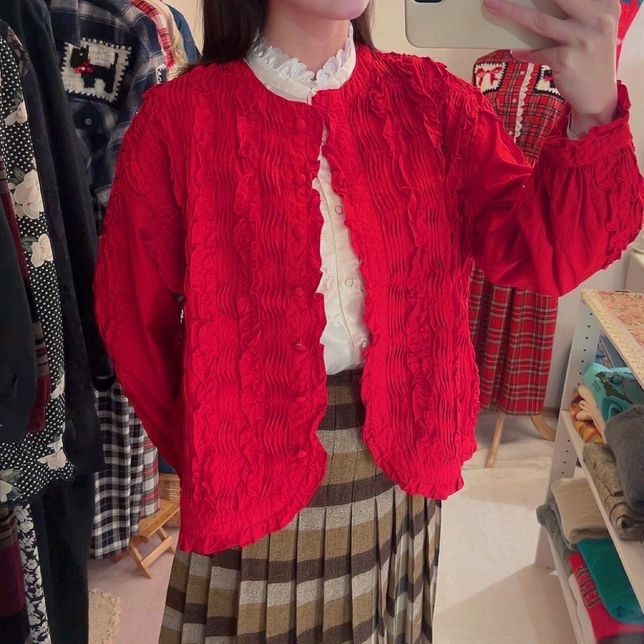 red frill pintuck cotton blouse