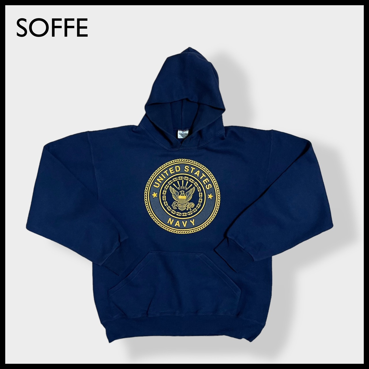 【SOFFE】USA製 ロゴ プリント UNITED STATES NAVY バックプリント パーカー プルオーバー スウェット フーディー hoodie M ネイビー ソフィー 米軍 アメリカ軍 ミリタリー us古着