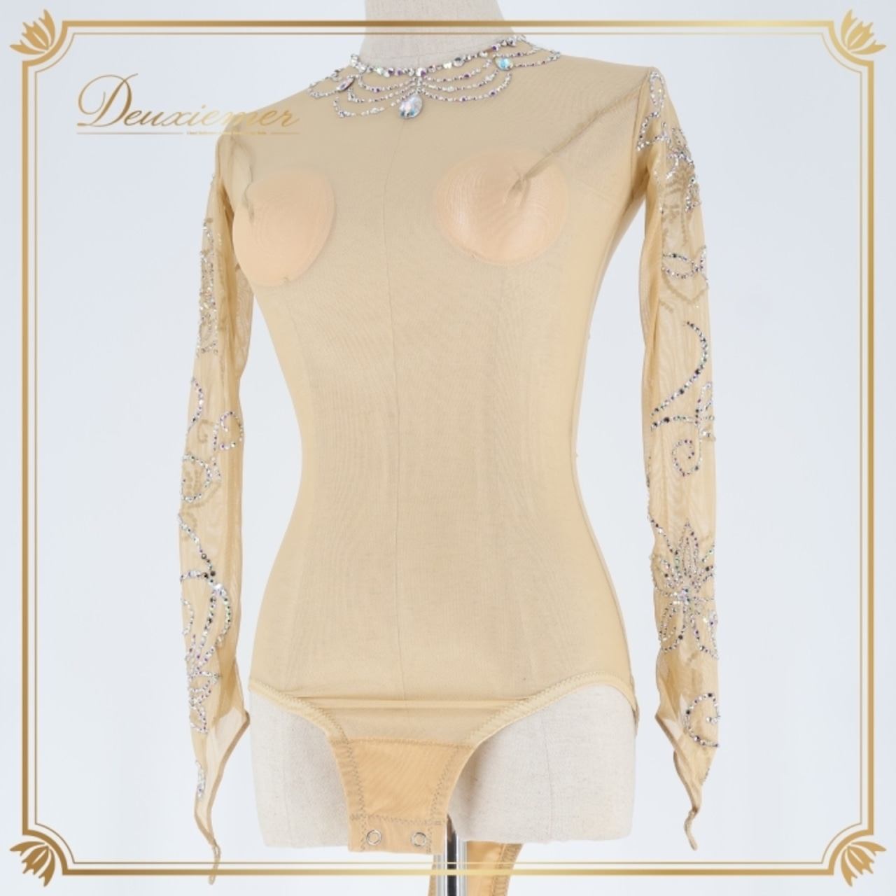 ダンス 衣装 トップス レオタード ベージュ系 新体操 社交ダンス フィギュアスケート ボディスーツ ラインストーン 競技 競技用 ダンス衣装 イベント ステージ 伸縮 ストレッチ 花 上品 華やか シルバー系