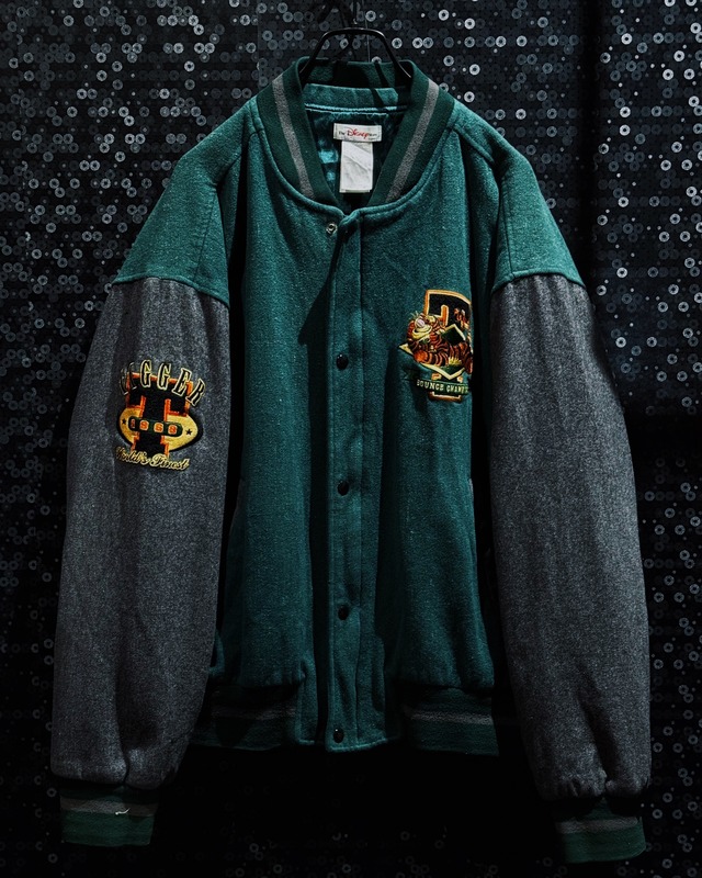 【ÆIEM】The Disney Store Exclusive Winnie the Pooh TIGGER “BOUNCE CHAMPION” Full Embroidery Two-Tone Wool Varsity Jacket