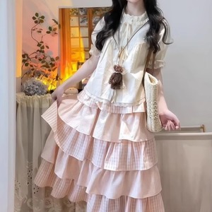 【2点セット】リボンレーストリムギャザーブラウス＋ティアードフリルスカート ・70030