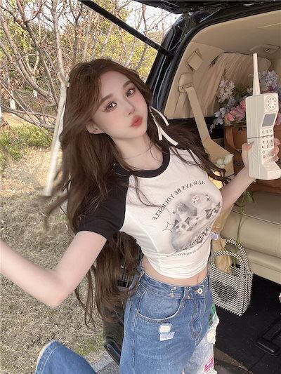 2024 夏 韓国トップス プリント半袖 Tシャツ 韓国 ラウンドネック