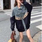 American retro color-blocked lettering denim jacket (NC225)