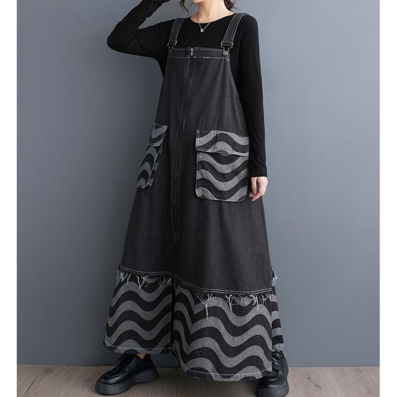 ウェーブ柄 デニム サスペンダー スカート 00004