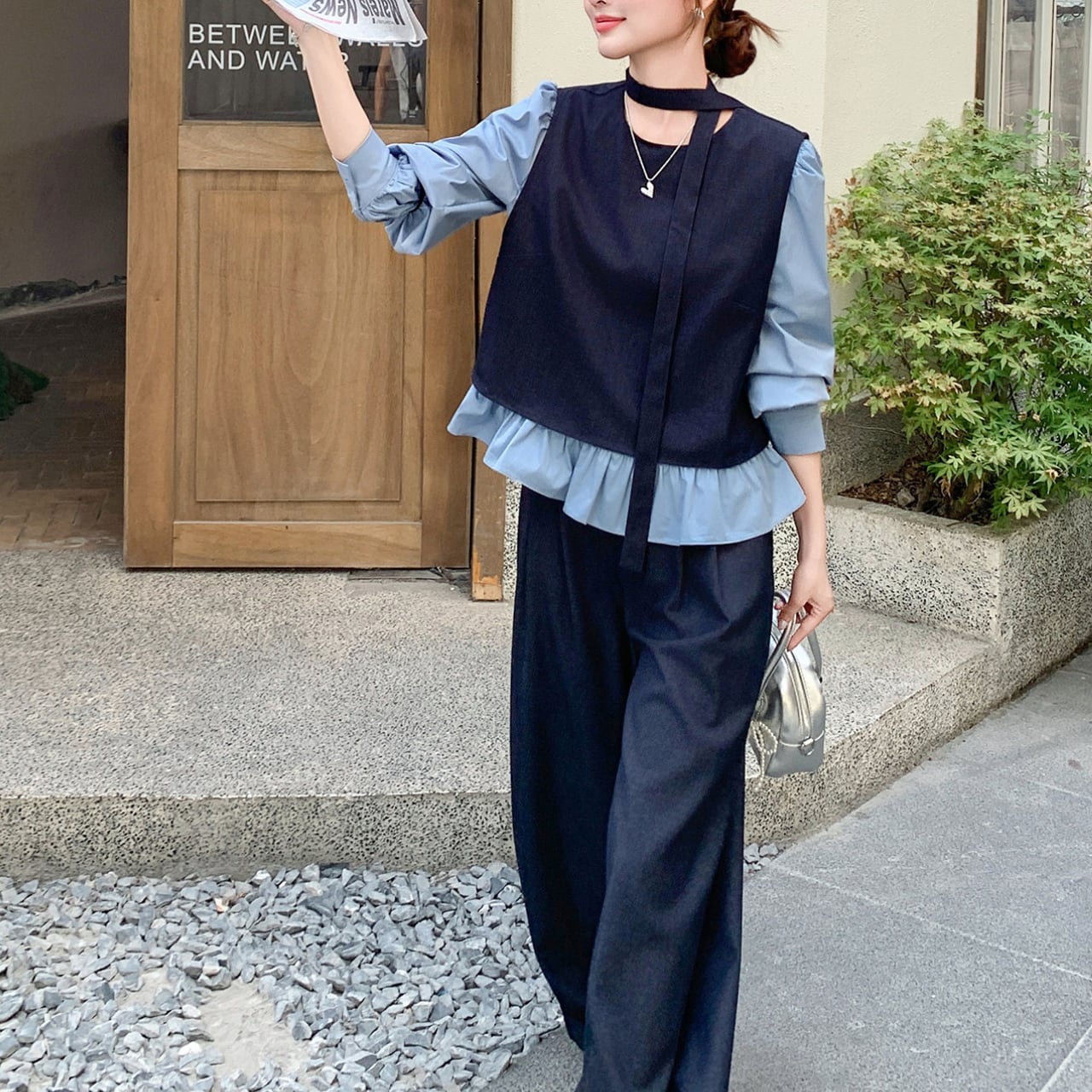 Layered top & wide pants set S1807