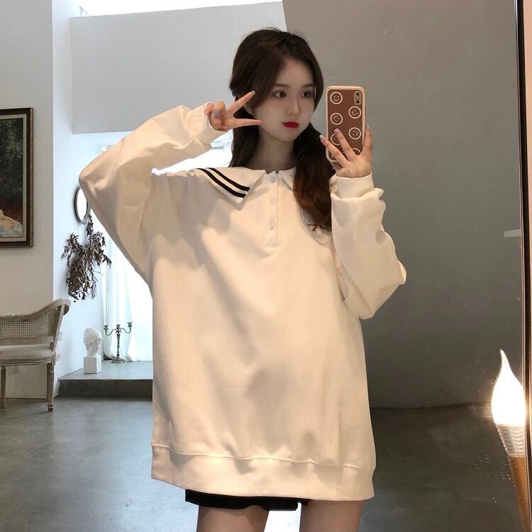 ネイビーカラーホワイトセーター スプリングオータムルーズトップス 春物 秋物 萌量不足66442129921