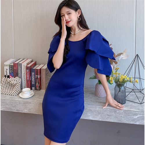 結婚式ドレス ヒップドレス ワンピース 夏服 半袖 ミッドスカート ハイウエスト レトロ 無地 蓮の葉スリーブ エレガント セクシー おしゃれ お呼ばれ 大きいサイズ きれいめ フォーマル 結婚式