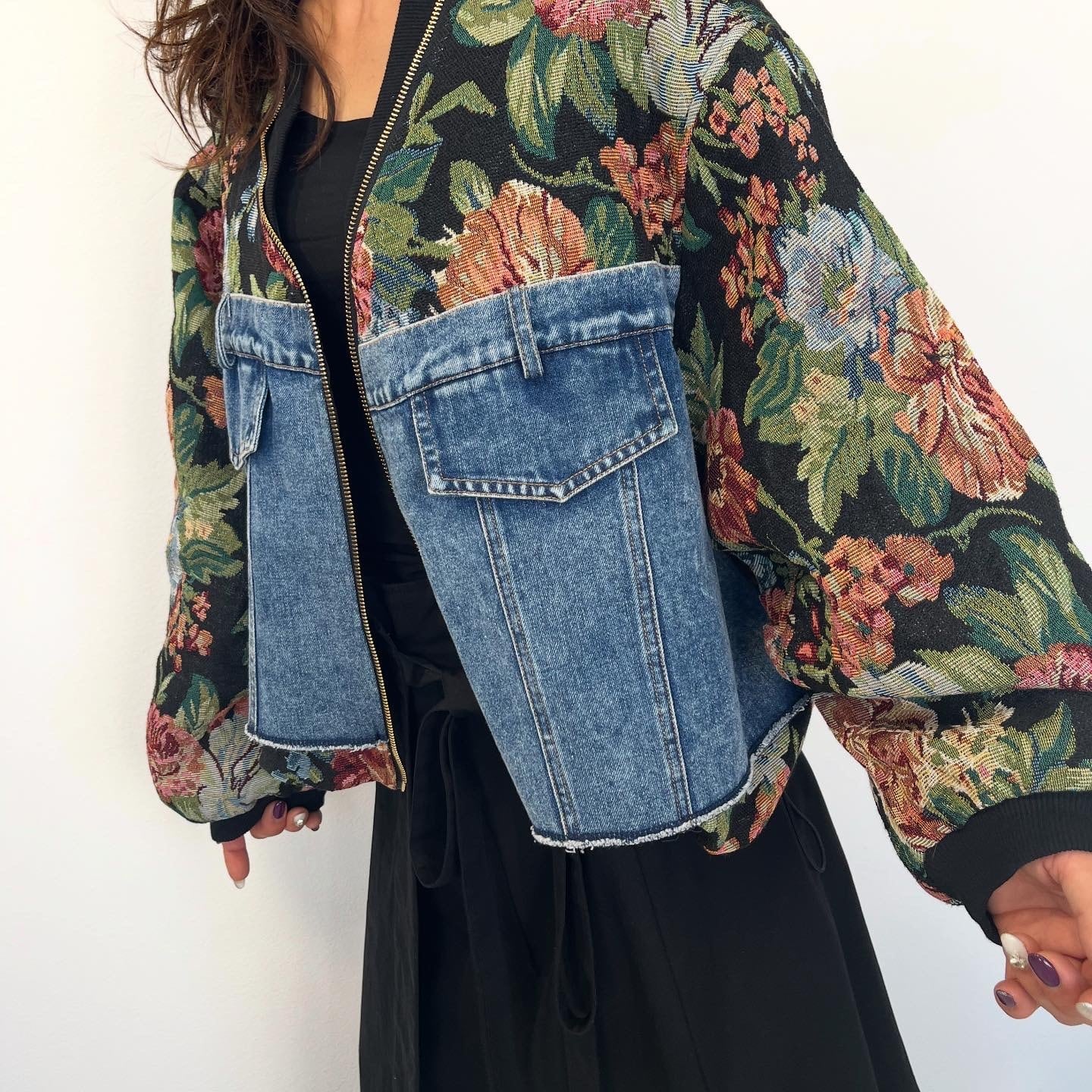 デニムxグレンチェック柄リメイク風ジャケット デニムxグレン