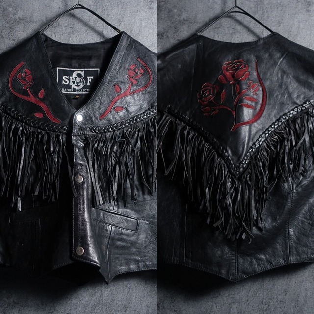 Black Rose Motif & Fringe Concho Button Design Leather Vest