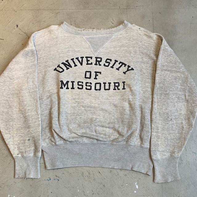 40's 50's UNKNOWN はめ込み両Vガゼットスウェット 2トーングレー フロッキー UNIVERSITY OF MISSOURI ミズーリ大学 カレッジ S~M位 サンプリング元ネタ  ダメージ有り 希少 ヴィンテージ BA-1343 RM1712H