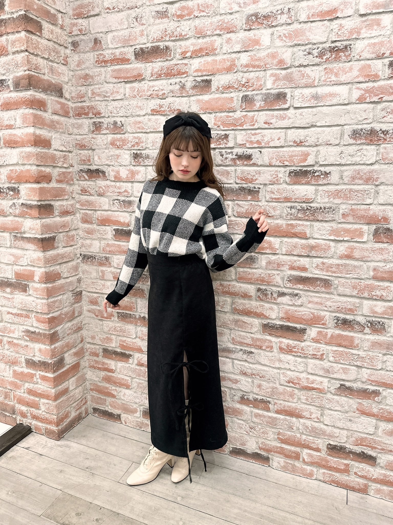 【LAST2】side slit ribbon skirt-BEIGE