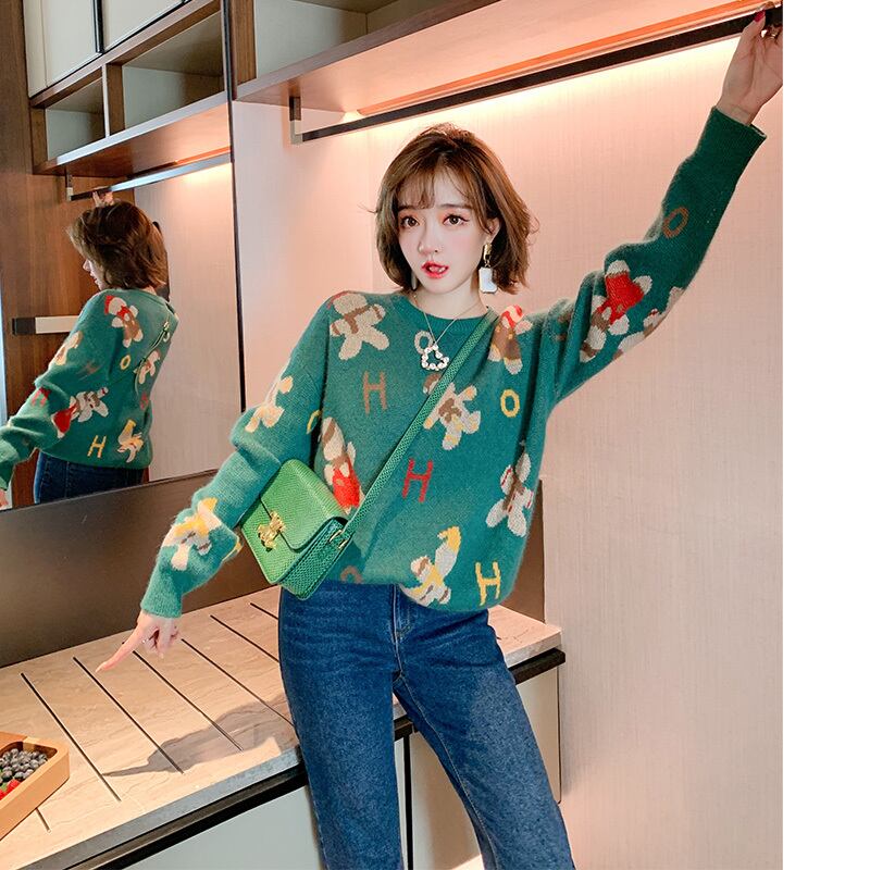 ラウンドネックジャカードルーズ薄手セーター レディースウィンター 冬物 Oネック MIUCO71124471470