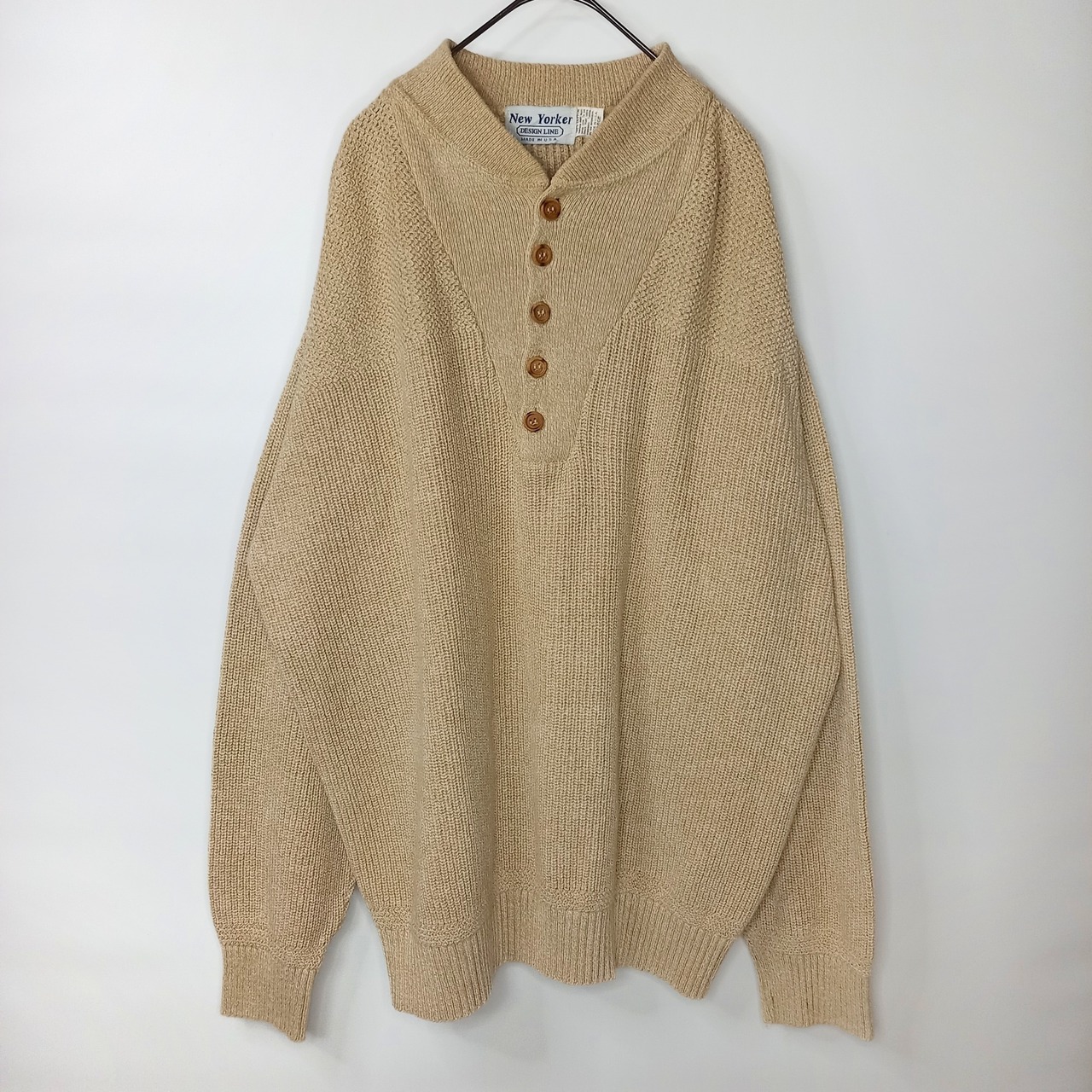 90s　アメリカ製　ヘンリーネック　コットンニット　セーター　長袖　中厚手　ミドルゲージ　無地　ベージュ　L
