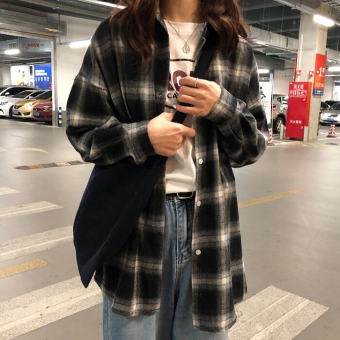 スタンダードスタイル格子柄シャツ スプリングトップス コート ロング レトロ 春物 1号婦人58205426370