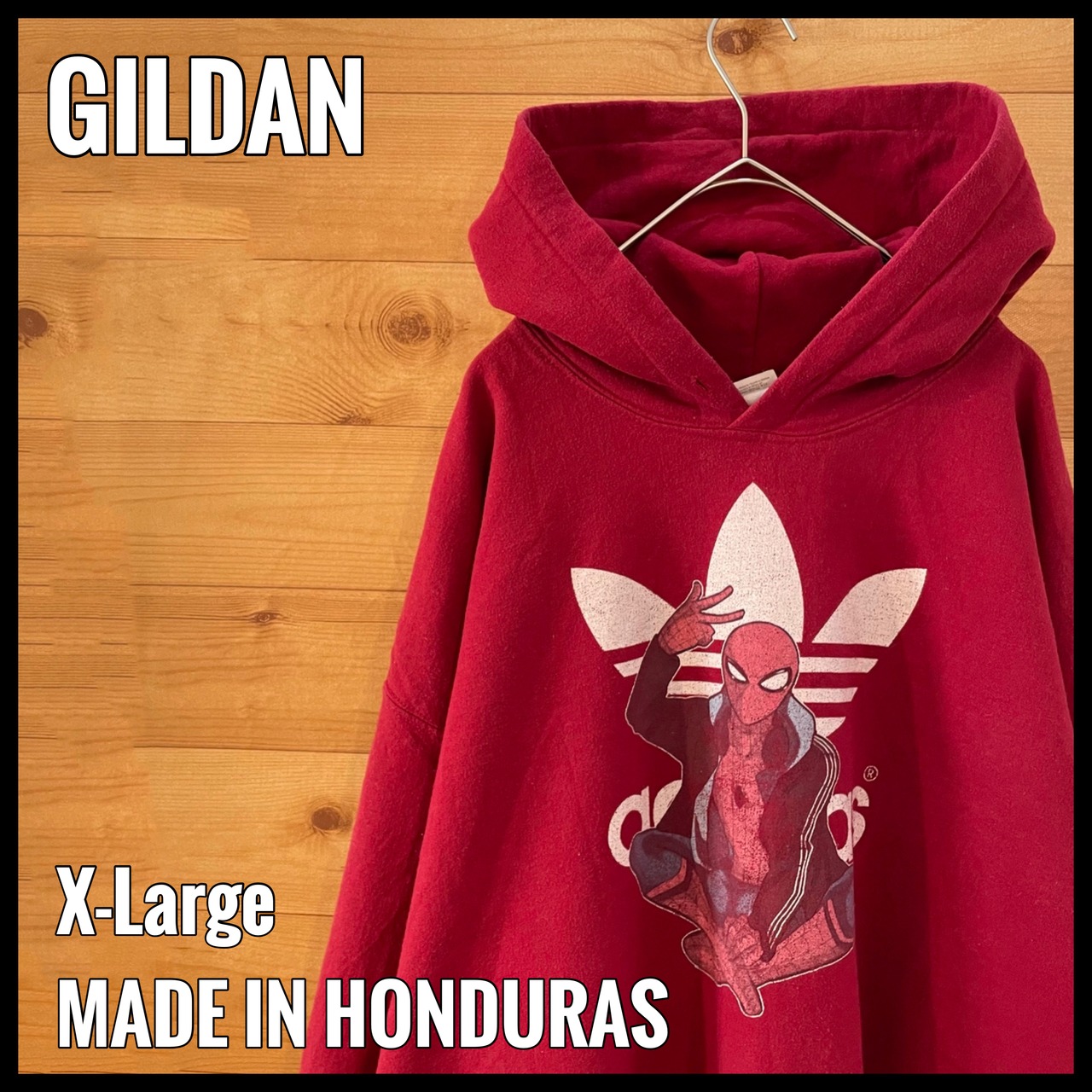 【GILDAN】アディダス スパイダーマン コラボスウェット パーカー ロゴ プリント XL ビッグサイズ ゆるだぼ adidas US古着