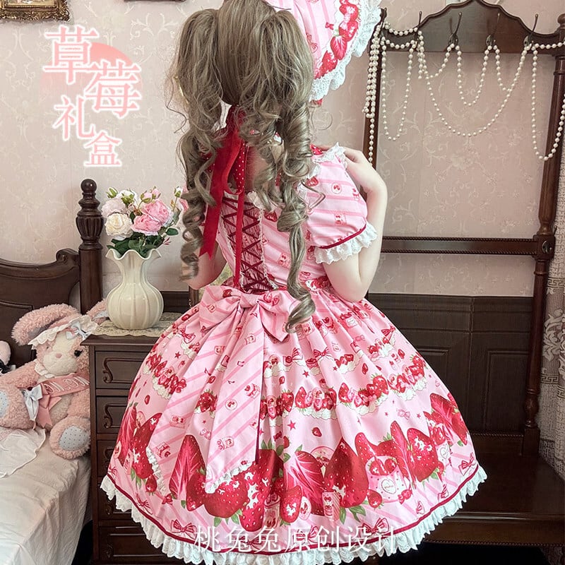 ロリータファッション 甘ロリ 夢かわいいいちご柄姫袖ワンピース