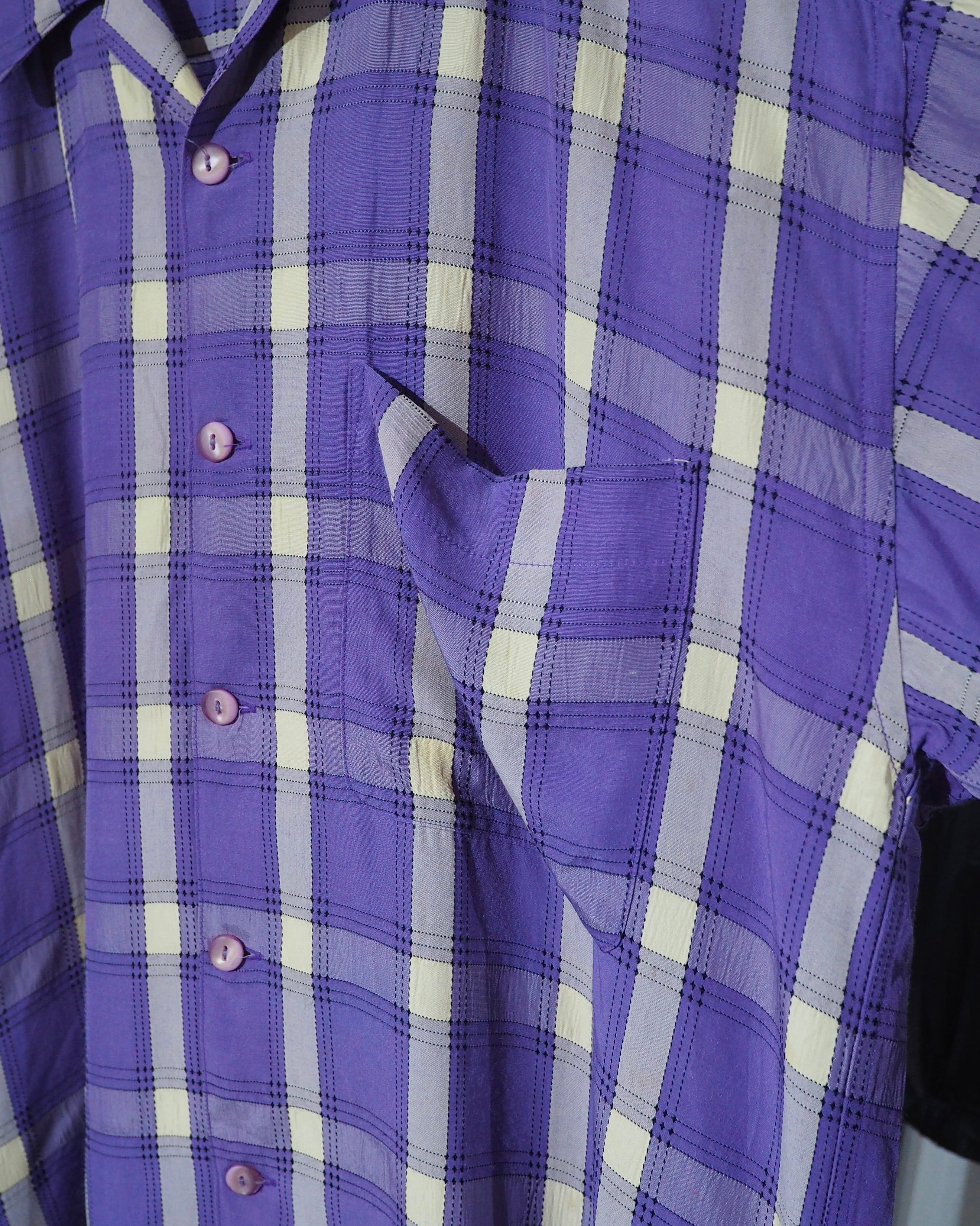 1990s " JUNKO KOSHINO " White Purple Check pattern vintage Open collar SS shirt