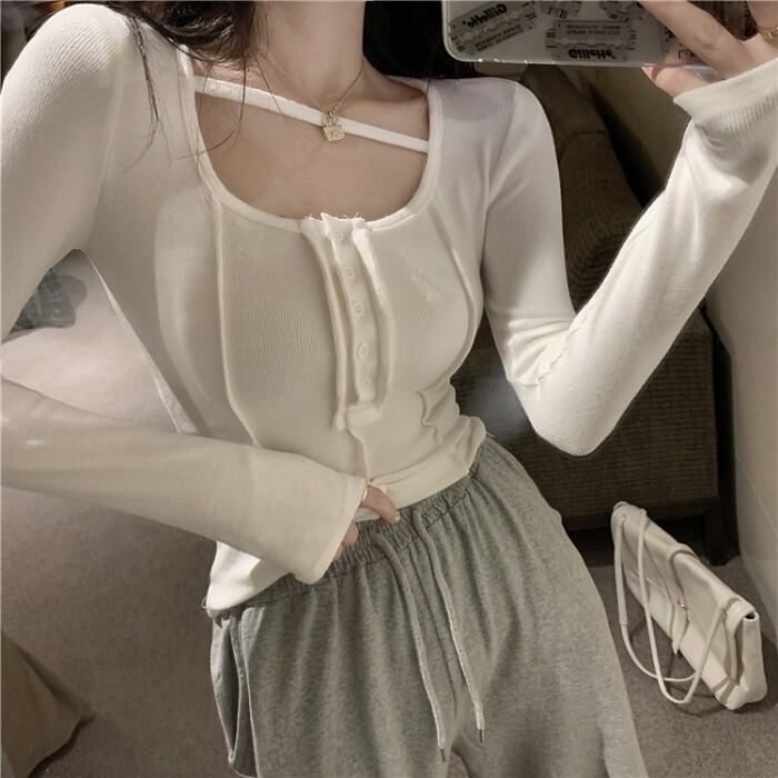 Tシャツ シャツ オータムウィンタースタイルショートスリムトップス ロング 秋物 冬物 1号婦人8008974971