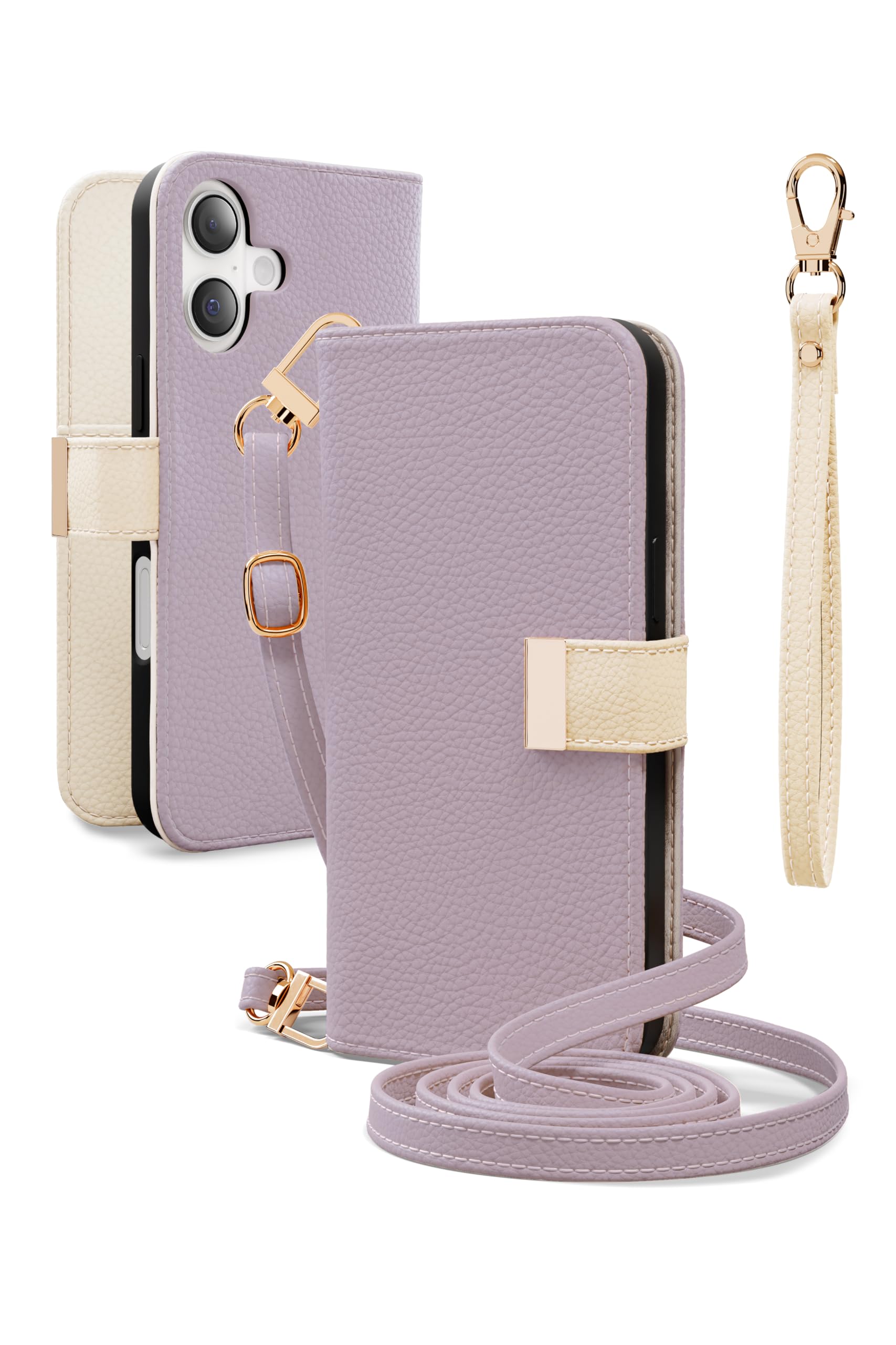 MINTY iPhone16 用 ケース 手帳型 ショルダーストラップ バイカラー ライラック×エクリュ