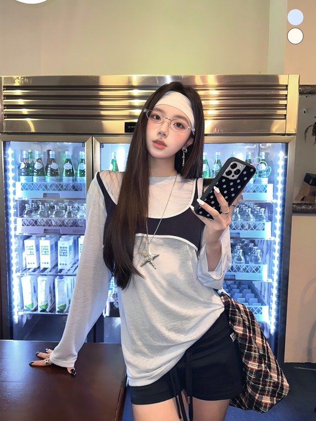 #Y2K｜フェイクツーピースシアーロングスリーブトップス