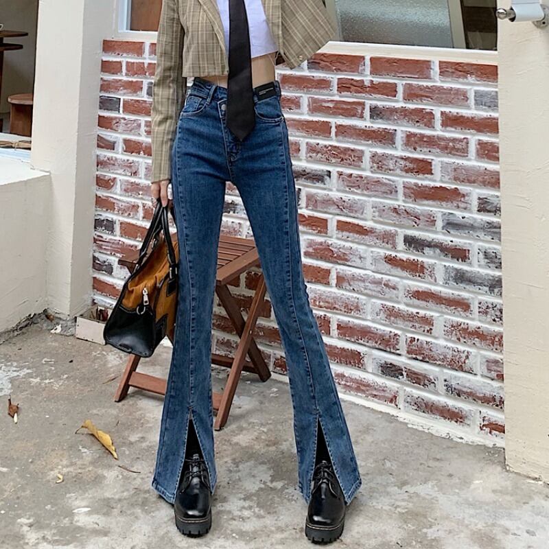 ジーンズ オータムウィンターハイウェストウェストスリットパンツ レッド 秋物 冬物 1号婦人25315318212