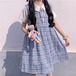 ✞ レースラウンドネックブレストシャツ or シフォンブルーチェック柄ワンピ ♥カワイイ♥スタンダードチェック柄 レトロ ✞ゴスロリ SM ミリ 甘ロリ クラロリ 和ロリ エレガント 黒ロリ 姫ロリ 華ロリ BB-BB5801100