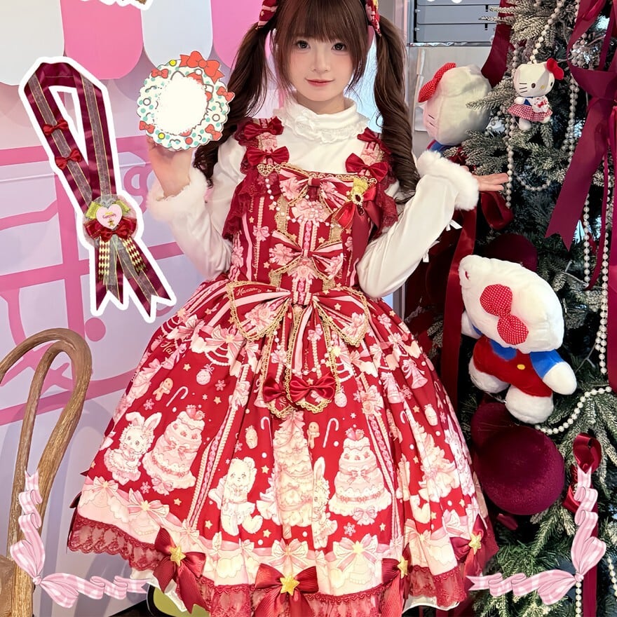 お菓子×くま柄の甘ロリジャンパースカート｜星リボン付きスウィート