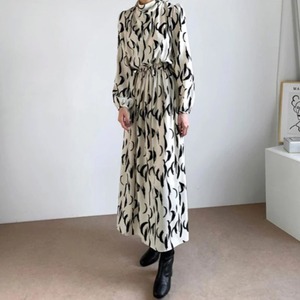 ボウタイフレアマキシ長袖ドレス210729