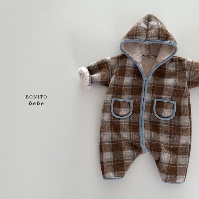 [即納12M]≪BONITO≫Check Fleece Hooded Suit brown (Baby)83