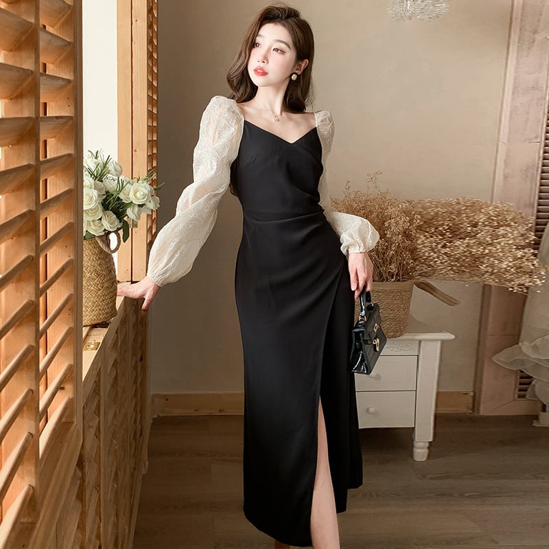 ロングドレス エレガント パフスリーブ 美足効果 気質 袖付き XH2-ZED888971GT441