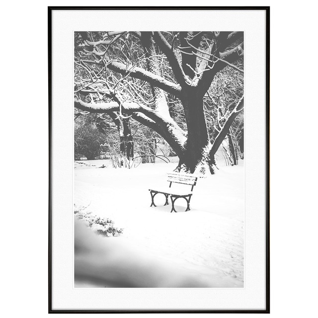 冬写真 雪の中の公園のベンチ インテリアアートポスター額装 AS2696