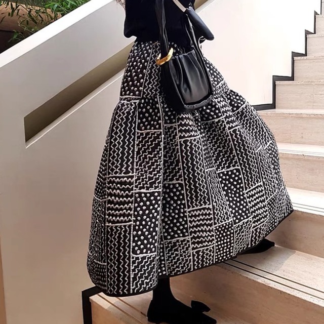 モザイクパターンボリュームフレアスカート_r000574