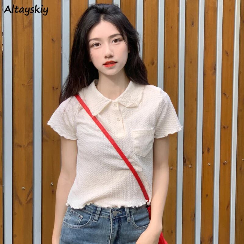 【新作】【送料無料】 半袖 Tシャツ女性甘いトップス夏韓国スタイルテンダーラペルオールマッチソフト Y2k 女の子ホットスウィートシンプル人気のクラシック 0374769002323