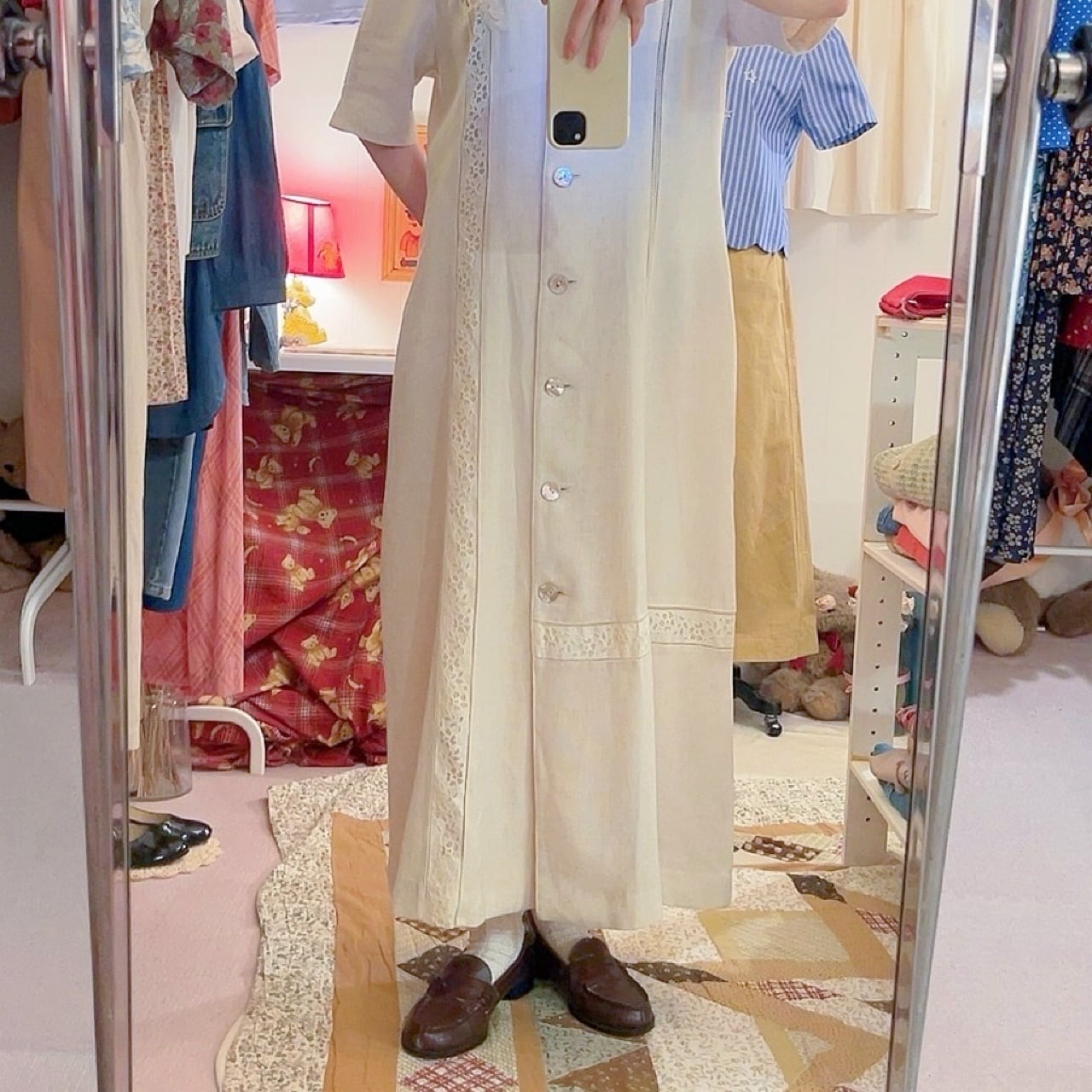 lace collar linen beige one-piece