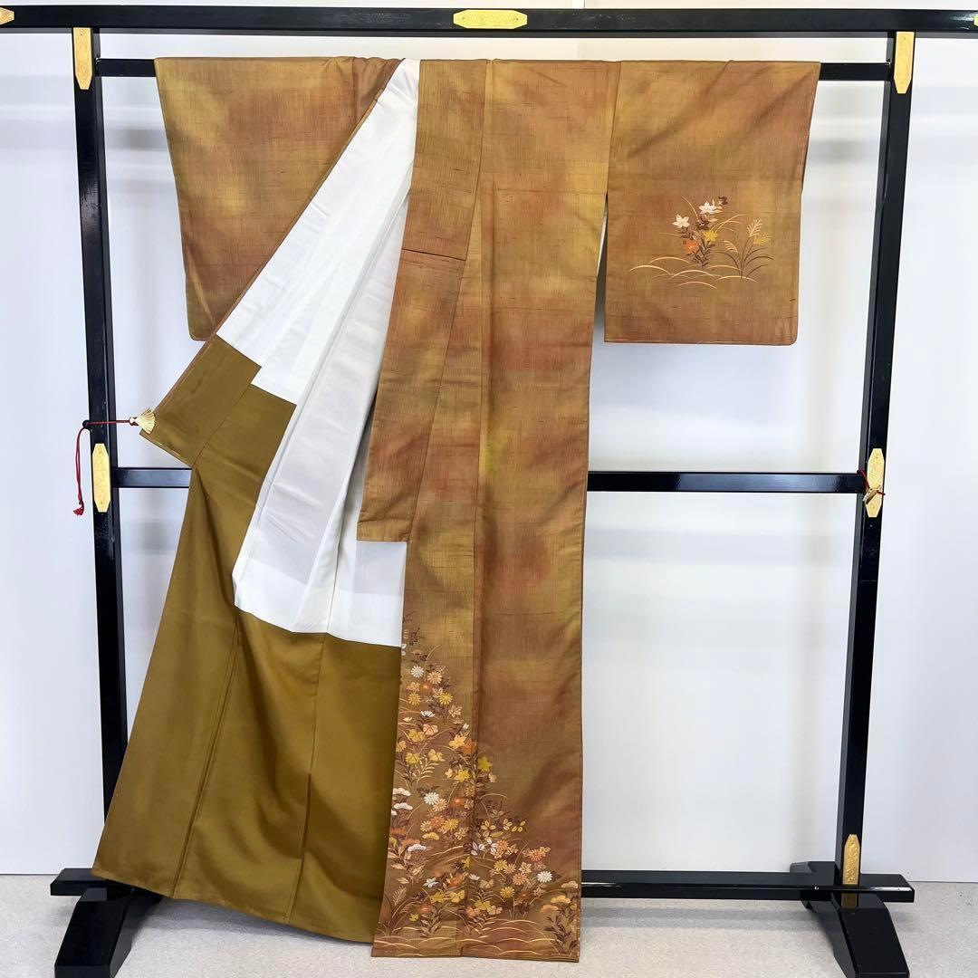 付下げ 紬 織の花模様 菊 萩 撫子 桔梗 松 暈し 肉柱色 K-3738