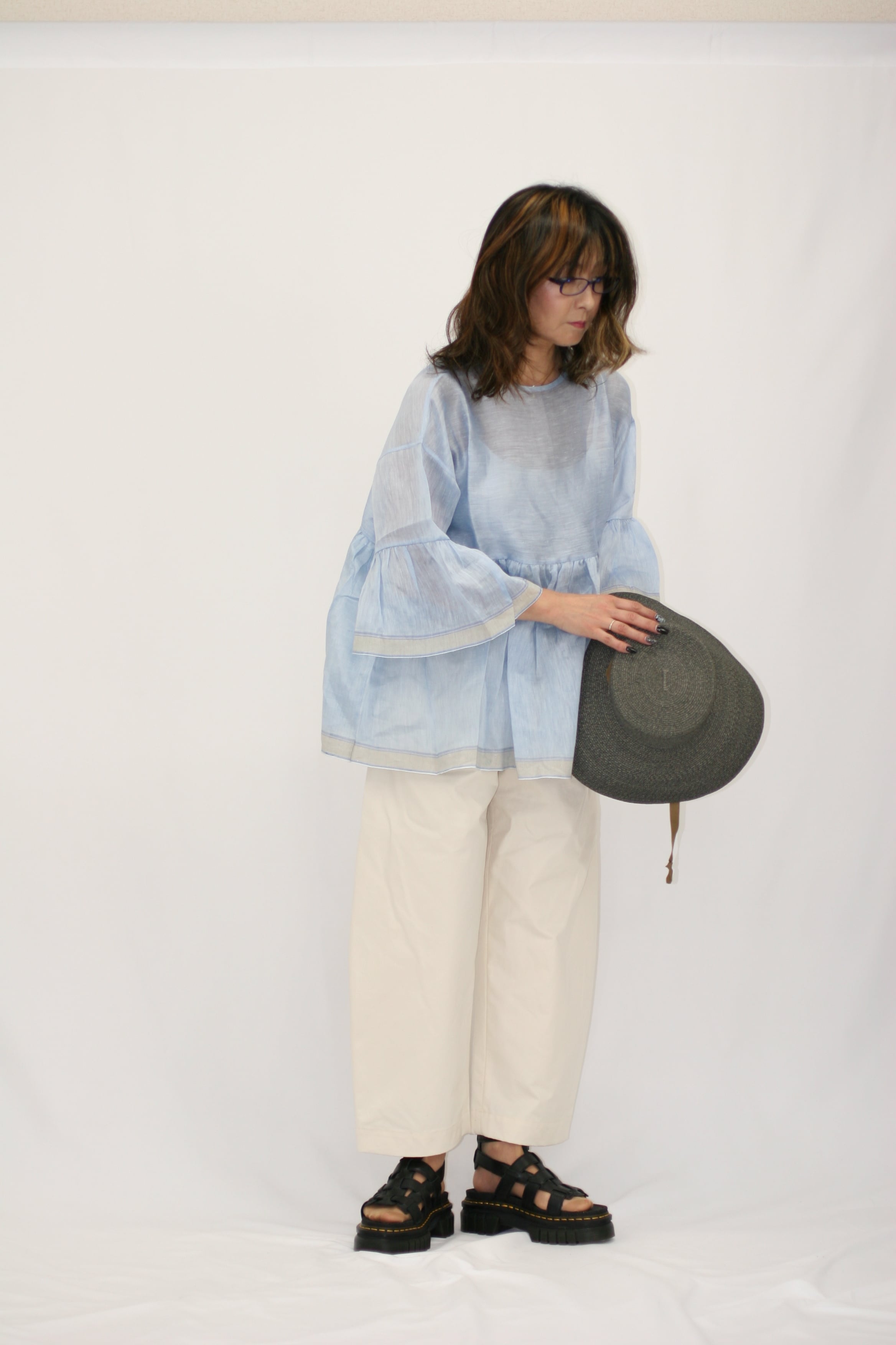 BUNON ブラウス 長袖 BUNON(ブノン) Wide Sleeve Frill Blouse リネンシルク ワイドスリーブ