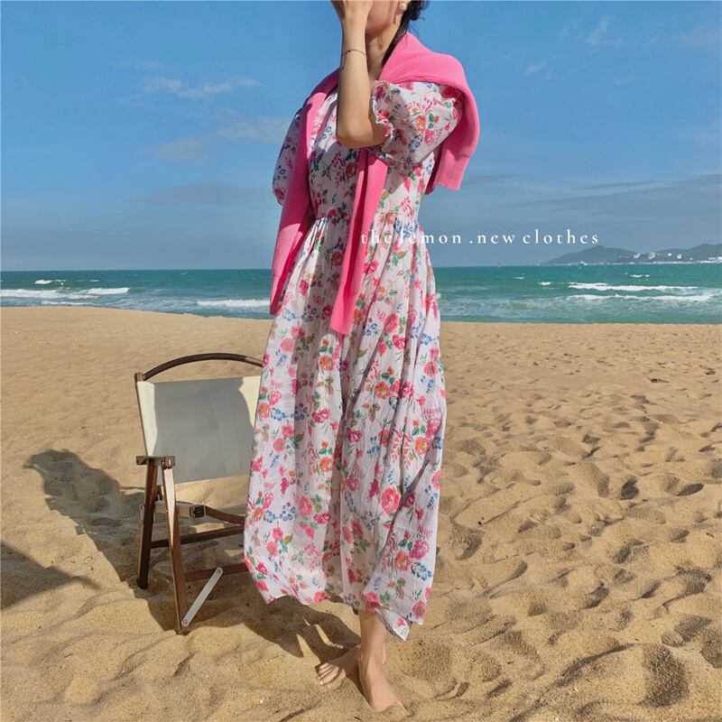 スタイルFlowerデザイン スカート 薄手ウェストロングドレス スプリングサマー 春物 夏物 フラワーデザイン ビッグFスモールZ韓国11292415178